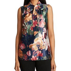 NWT Tahari ASL Botanical Print Tie Neck Top